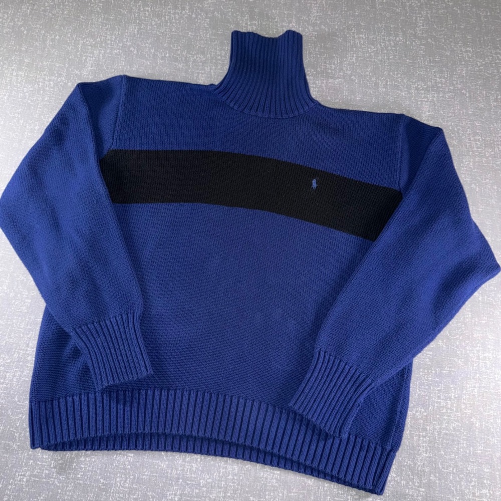 Polo Ralph Lauren Turtleneck Sweater XL Blue Black Cotton Preppy Luxury Chunky